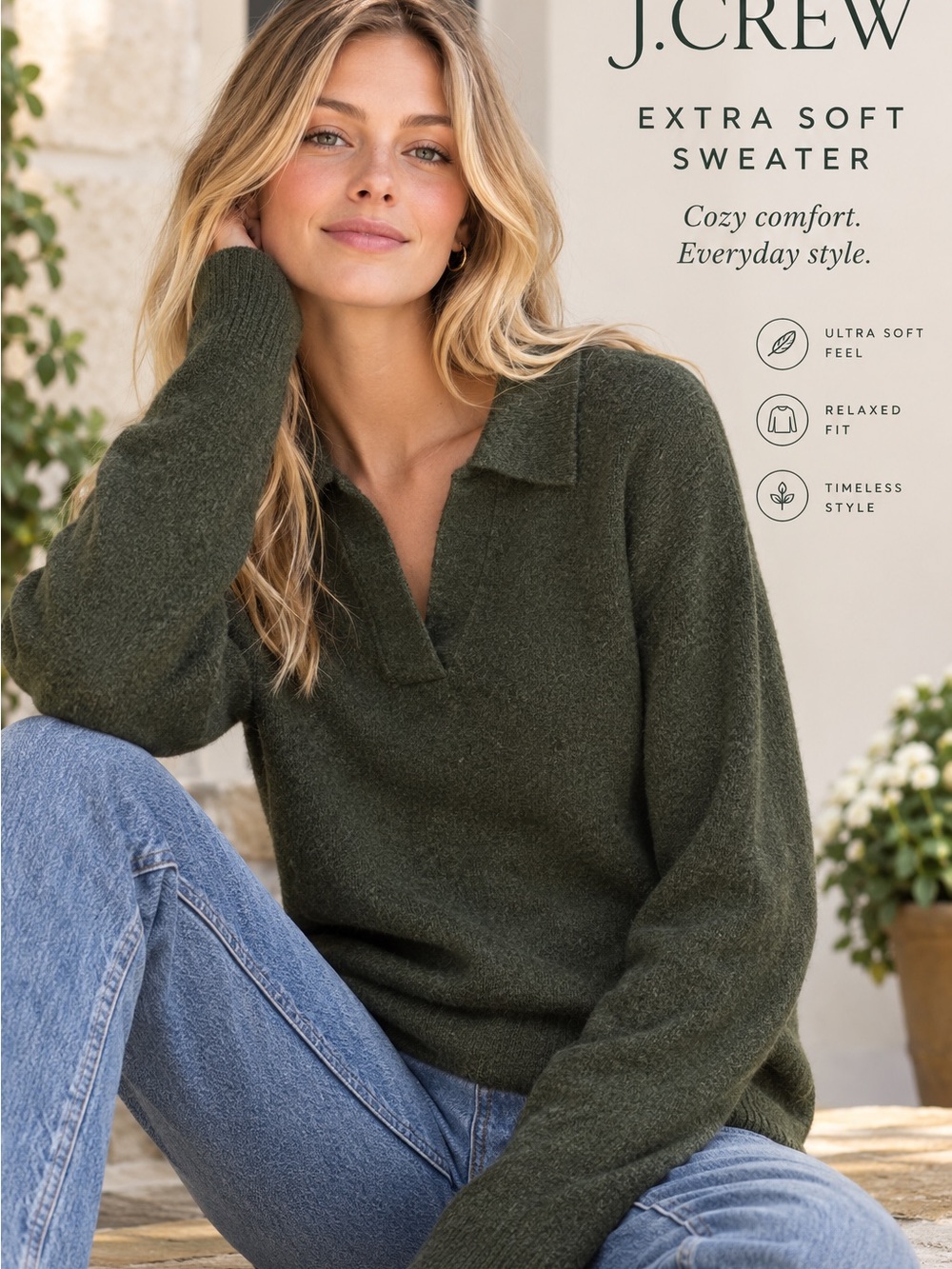 J. Crew Women’s Extra Soft Olive Green Polo Collar Sweater